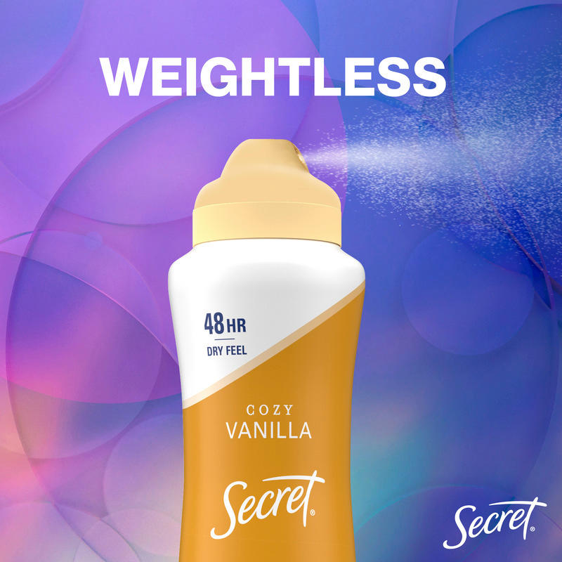Cozy vanilla deodorant by Secret with weightless formula for 48 hours of dry feel against a colorful background. Perfect for daily use