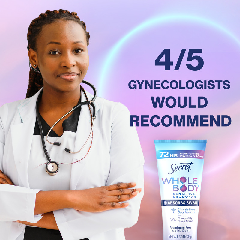 Healthcare professional with stethoscope promoting Secret Whole Body Sensitive Deodorant, endorsed by gynecologists for skin safety