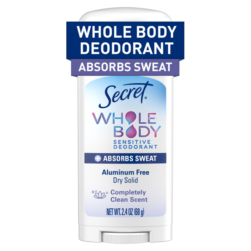 Secret Whole Body Aluminum-Free Dry Feel Stick +Absorbs Sweat, Deodorant Stick for Women, Completely Clean Scent, 2.4oz