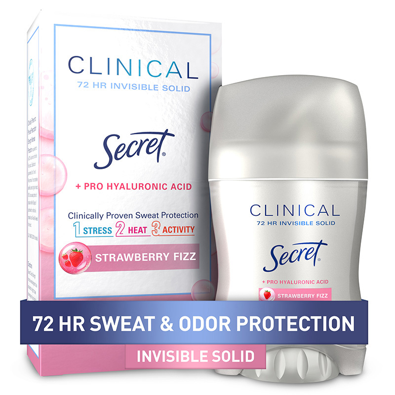 Secret Clinical invisible solid deodorant packaging, 72-hour sweat and odor protection in Strawberry Fizz scent, with pro hyaluronic acid