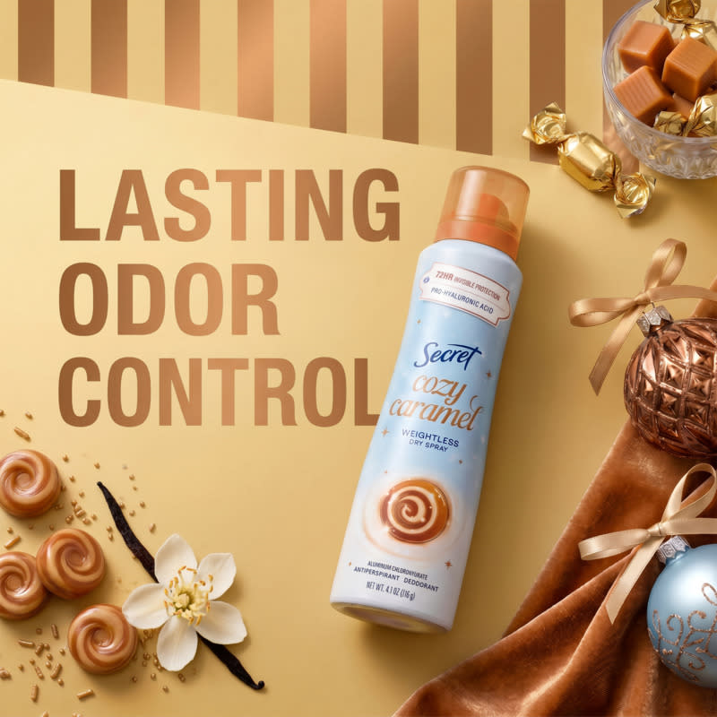 Cozy Caramel deodorant spray displayed with elegant decorations and text highlighting lasting odor control