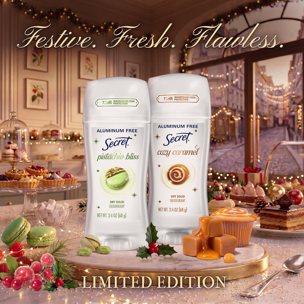 Aluminum-free Secret deodorant sticks display floral elements and promise 48-hour odor protection.