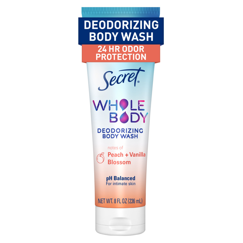 Deodorizing body wash, 24h odor protection, Secret body wash, peach + vanila blossom, packaging