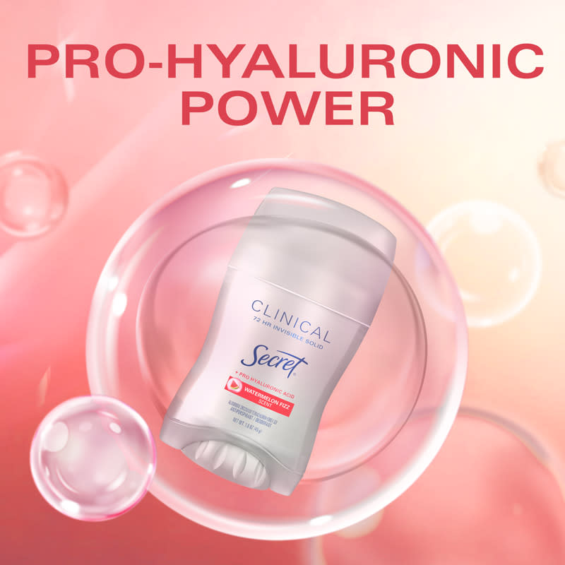 Pro-Hyaluronic Power visual featuring Secret Clinical deodorant in a bubble with a soft pink background