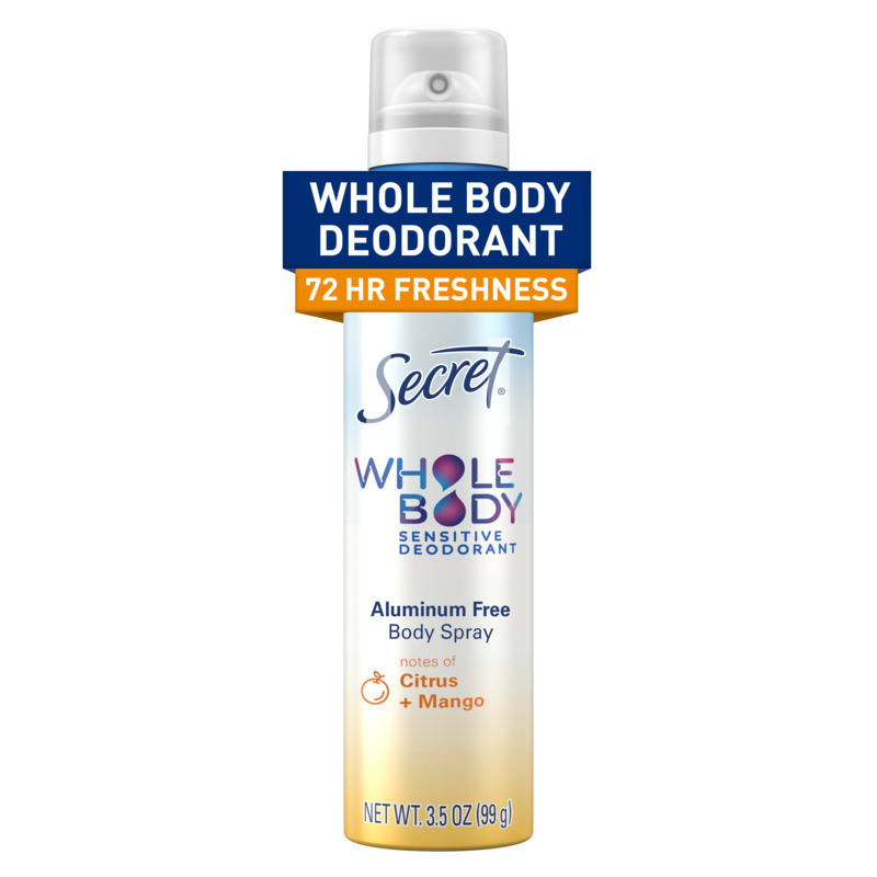 Whole body deodorant, 72 hour freshness, Secret whole body aluminum free body spray, citrus + melon