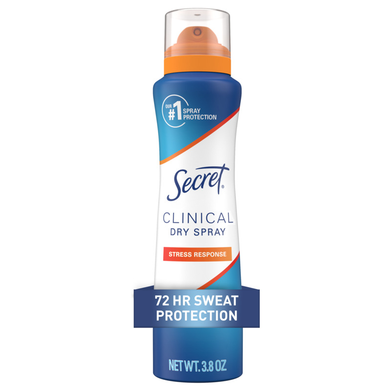 Secret Clinical dry spray, 72 hour sweat protection, stress response, packagin