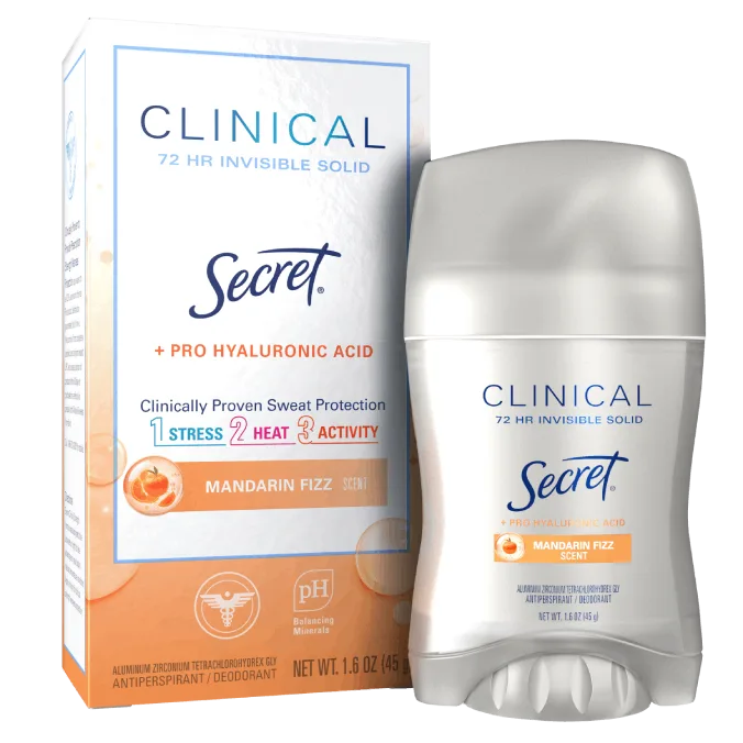 Secret Clinical invisible solid deodorant packaging, 72-hour sweat and odor protection in Mandarin Fizz scent, with pro hyaluronic acid