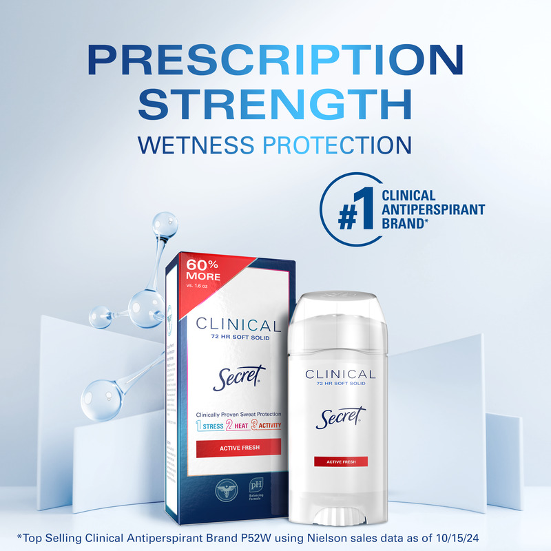 Secret Prescription strength clinical antiperspirant, offering 72 hours of wetness protection for active lifestyles and stress management