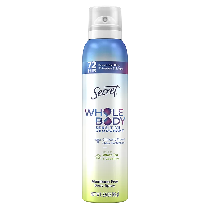 Whole body deodorant, 72 hour freshness, Secret aluminum free body spray, white tea + jasmin, packaging