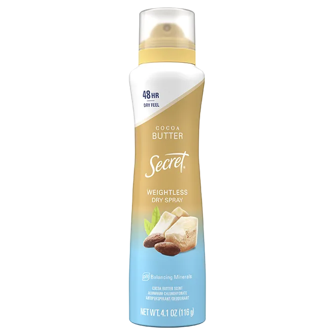 Secret, cocoa butter, weightless, dry spray packaging