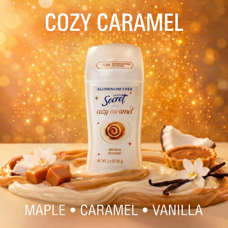 Cozy Caramel dry solid deodorant from Secret with notes of maple, caramel, and vanilla on a shimmering background