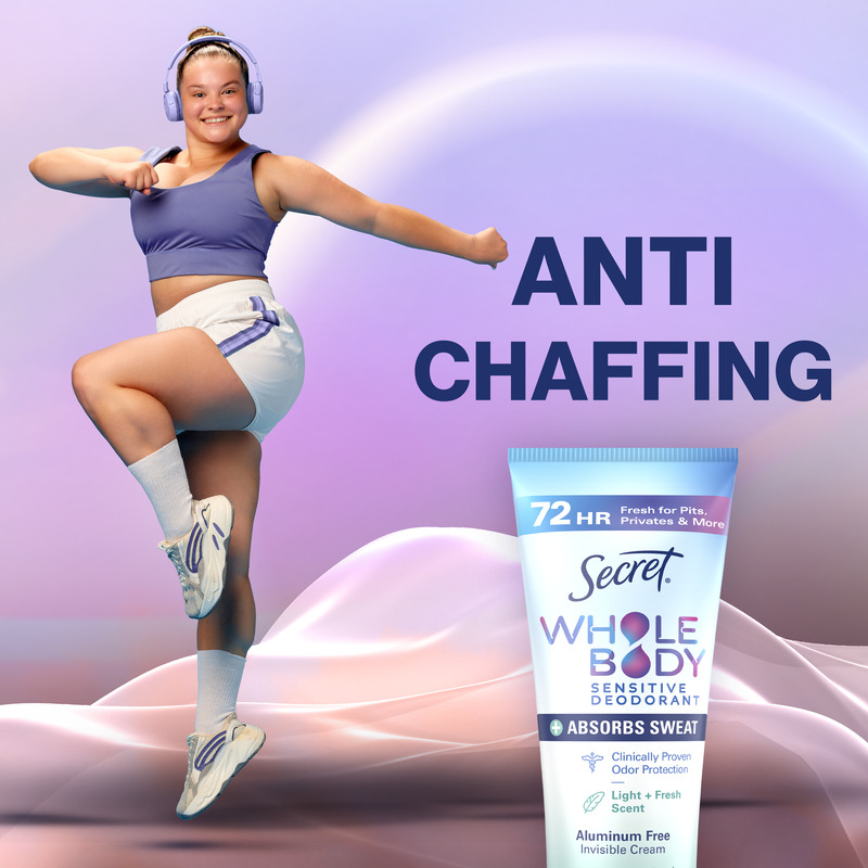 A joyful person wearing sportswear dances energetically next to a Secret deodorant cream, promoting a product that prevents chafing and absorbs sweat