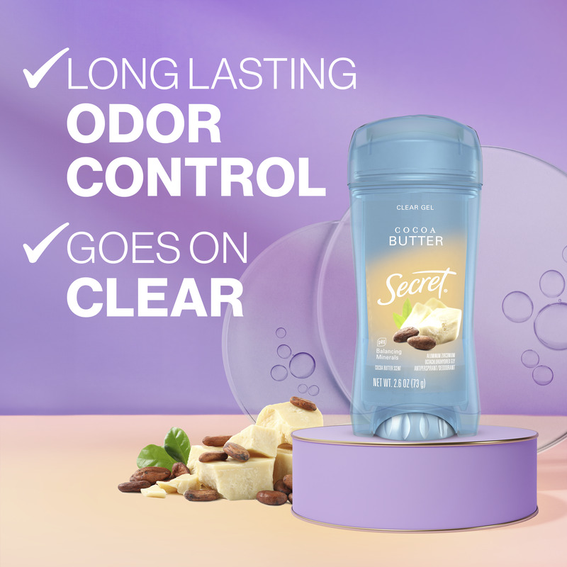 Long lasting odor control, goes on clear. Secret clear gel deodorant with cocoa butter on a pastel background