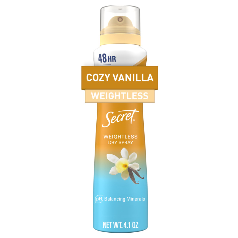 Secret, cozy vanilla, weightless, dry spray packaging