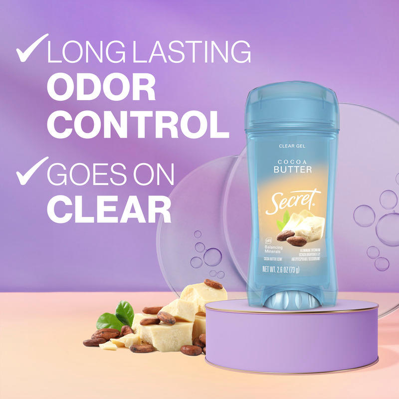 Long lasting odor control, goes on clear. Secret clear gel deodorant with cocoa butter on a pastel background