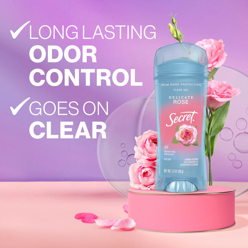 Secret clear gel deodorant in delicate rose scent with flowers, promoting long-lasting odor control and a clear finish on the skin