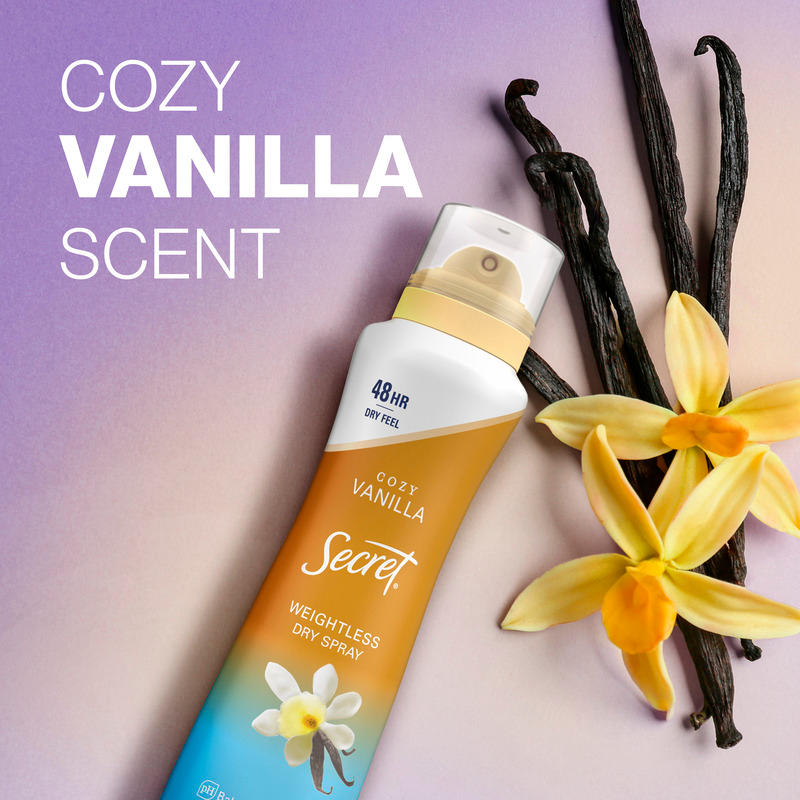 Cozy vanilla scent dry spray by Secret with flower and vanilla pods on a soft gradient background showcasing its weightless, long-lasting freshness