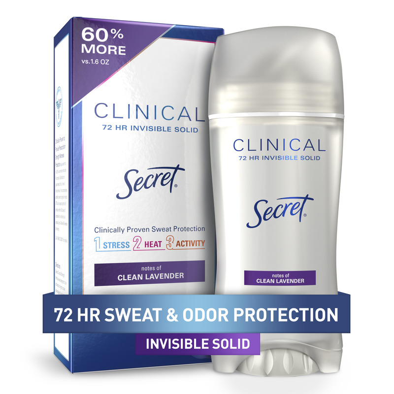 Clear gel Clinical deodorant by Secret that provides 72 hours of sweat and odor protection with a clean lavander scent for daily freshness