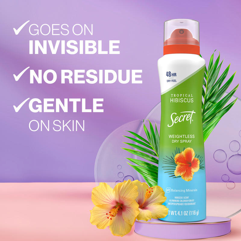 Secret tropical hibiscus weightless dry spray, displaying berries with text highlighting invisible feel, no residue, and gentle on skin