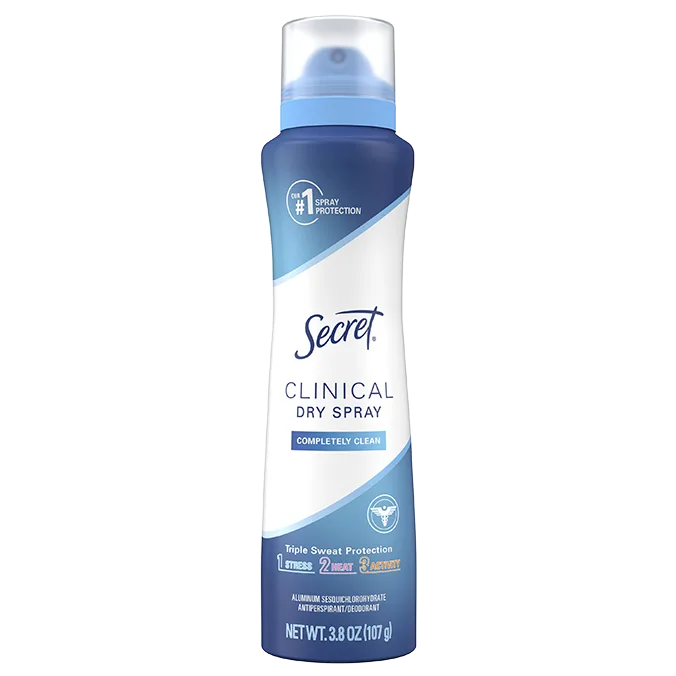 Secret Clinical dry spray, 72 hour sweat protection, completely clean, packagin