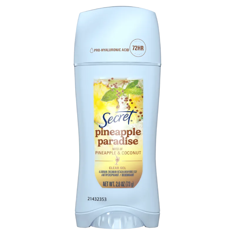 Clear gel deodorant by Secret, featuring Pineapple Paradise scent with notes of pineapple and coconut, offers 72-hour protection