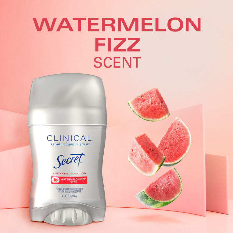 Secret Clinical Invisible Solid Watermelon scent deodorant stick with watermelon slices in the background