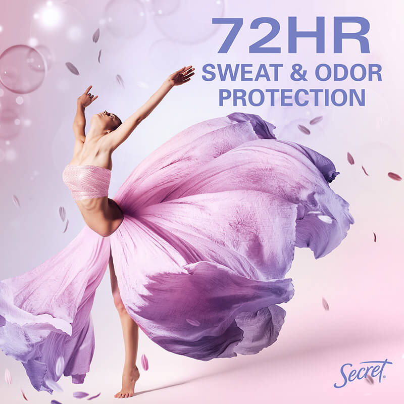 Dancer in a flowing pink dress representing Secret brand's 72-hour sweat and odor protection product, surrounded by soft pastel petals
