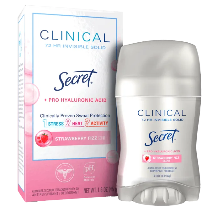 Secret Clinical invisible solid deodorant packaging, 72-hour sweat and odor protection in Strawberry Fizz scent, with pro hyaluronic acid
