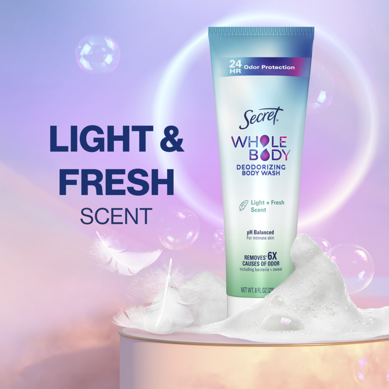 Deodorizing body wash by Secret with light and fresh scent in a colorful background with bubbles