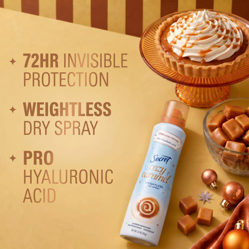 Secret Cozy Caramel dry spray with benefits highlighted, featuring a pie and caramel candies on a gold background