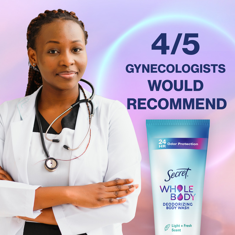 Healthcare professional with stethoscope promoting Secret Whole Body Sensitive Deodorant, endorsed by gynecologists for skin safety