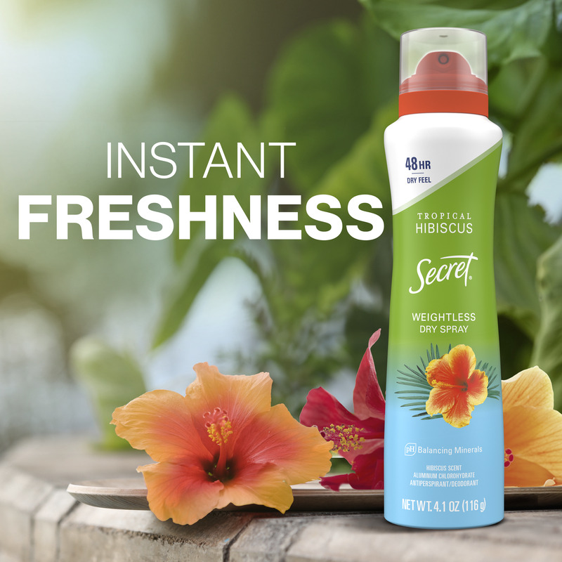 Weightless dry spray by Secret featuring tropical hibiscus flowers, conveying the message of instant freshness for a refreshing scent experience