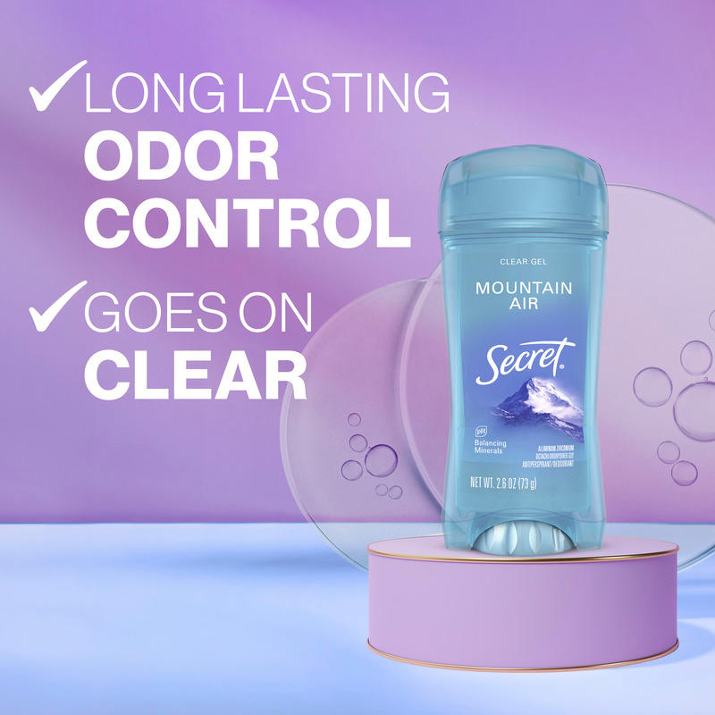 Secret clear gel deodorant with Mountain Air scent highlighting long-lasting odor control and a transparent application against a pastel background