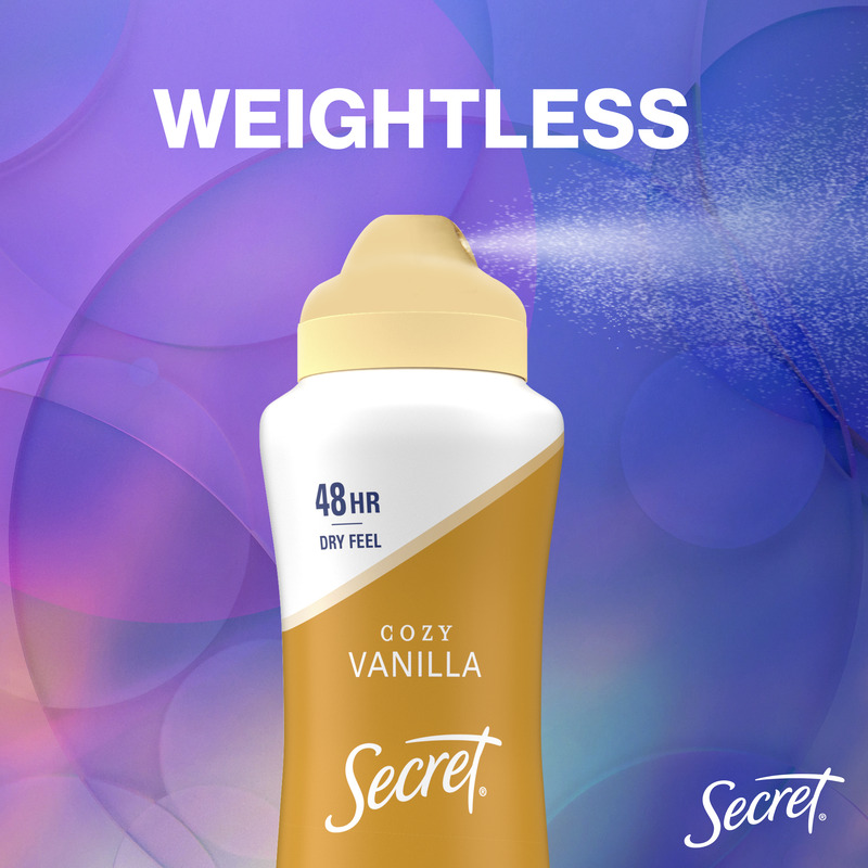 Cozy vanilla deodorant by Secret with weightless formula for 48 hours of dry feel against a colorful background. Perfect for daily use