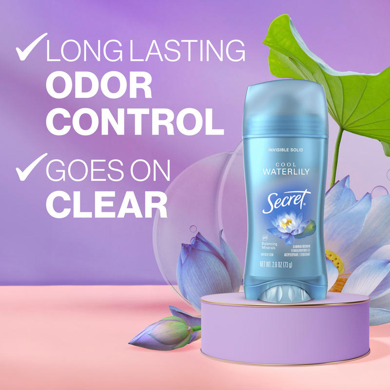 Secret deodorant stick featuring a pastel background, highlighting long-lasting odor control and clear application benefits with a floral design