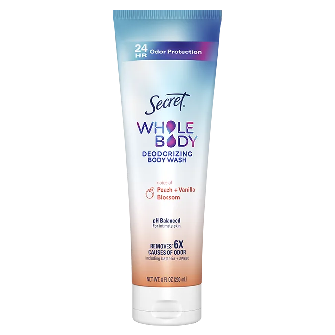 Deodorizing body wash, 24h odor protection, Secret body wash, peach + vanila blossom, packaging