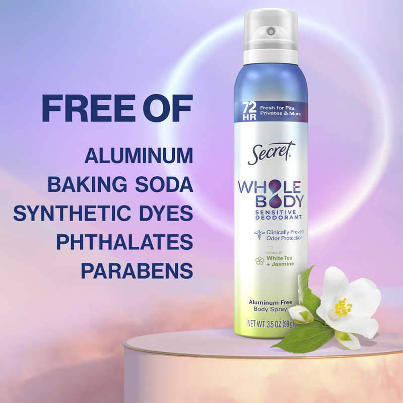 Secret Whole Body Sensitive Deodorant highlighted its free of aluminum, baking soda, synthetic dyes, phthalates, and parabens formula