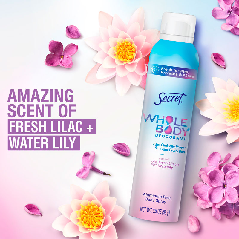 Secret Whole Body Lilac & Waterlily Deodorant Spray Bottle on a flowery background