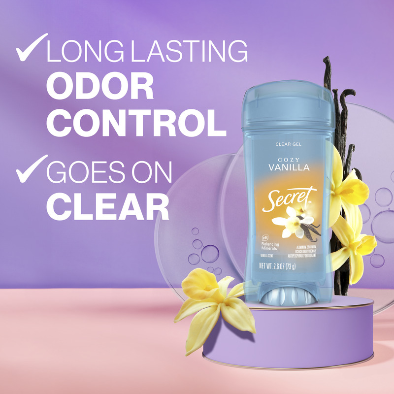 Secret clear gel deodorant with cozy vanilla scent, featuring long-lasting odor control and a formula that goes on clear against a pastel background