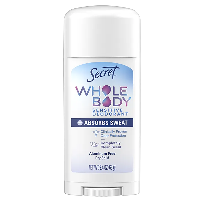 Secret Whole Body Aluminum-Free Dry Feel Stick +Absorbs Sweat, Deodorant Stick for Women, Completely Clean Scent, 2.4oz