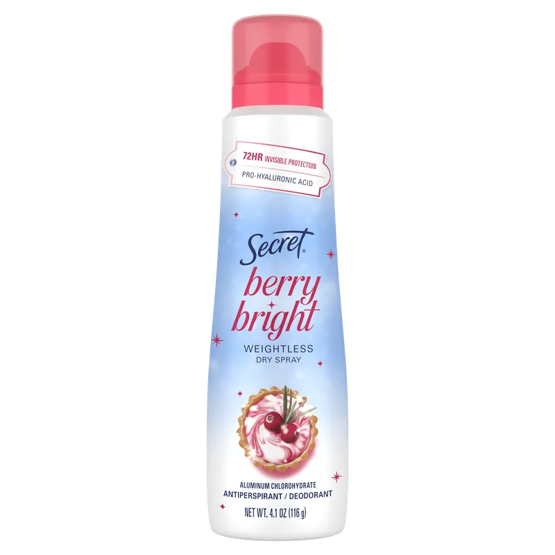 Secret Berry Bright Weightless Dry Spray with cranberries, offering 72-hour protection and a fresh scent