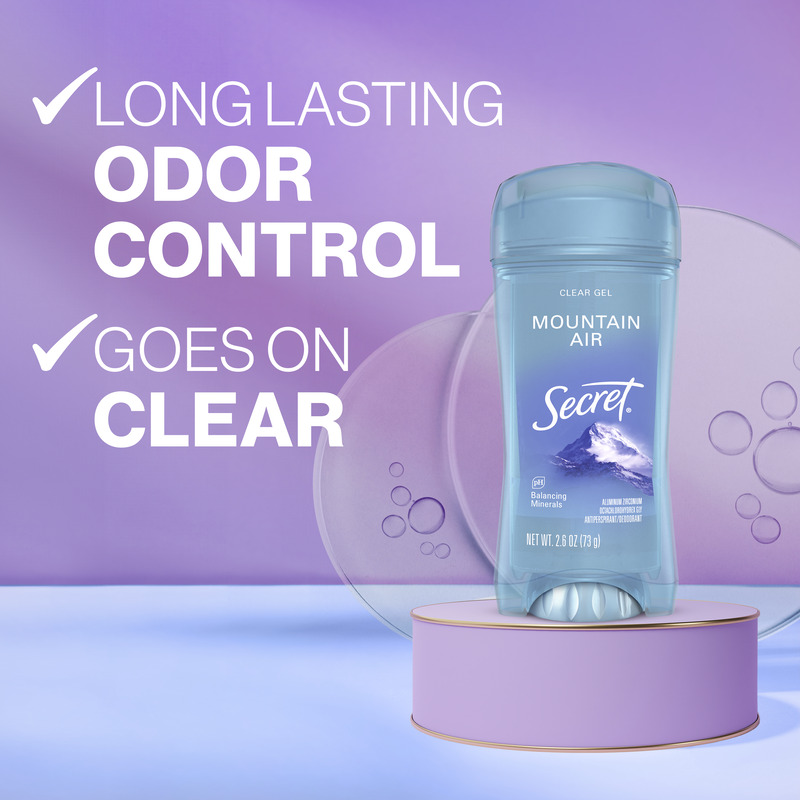 Secret clear gel deodorant with Mountain Air scent highlighting long-lasting odor control and a transparent application against a pastel background