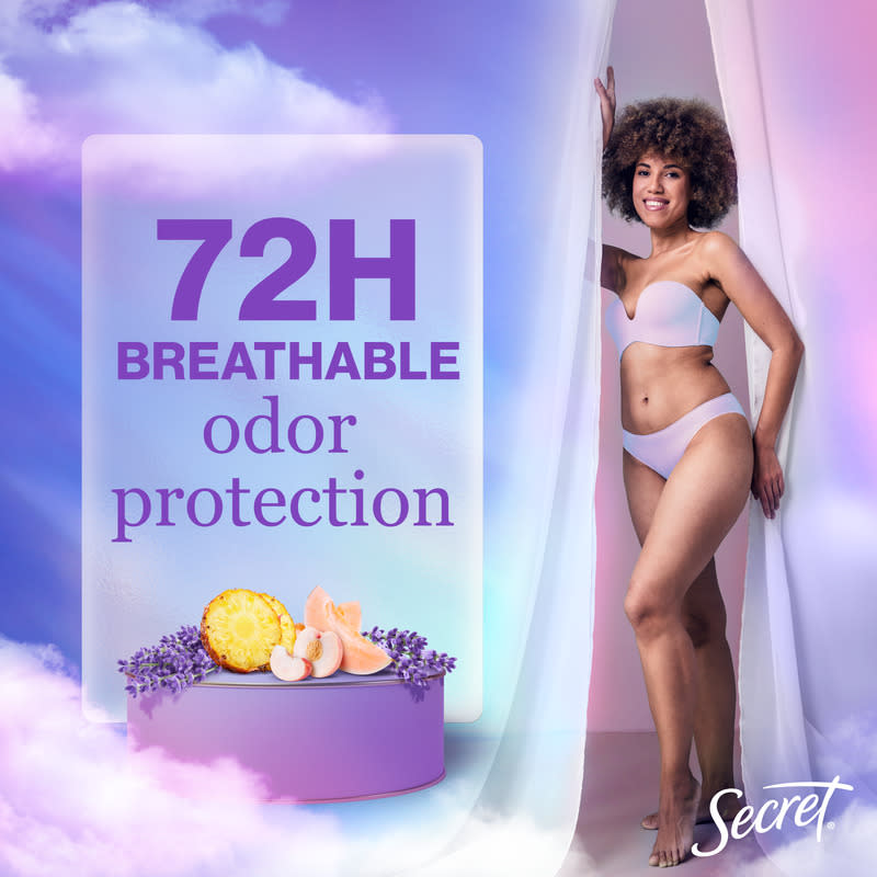 Model showcasing Secret's 72-hour breathable odor protection, emphasizing freshness and confidence with fruit elements and a colorful background