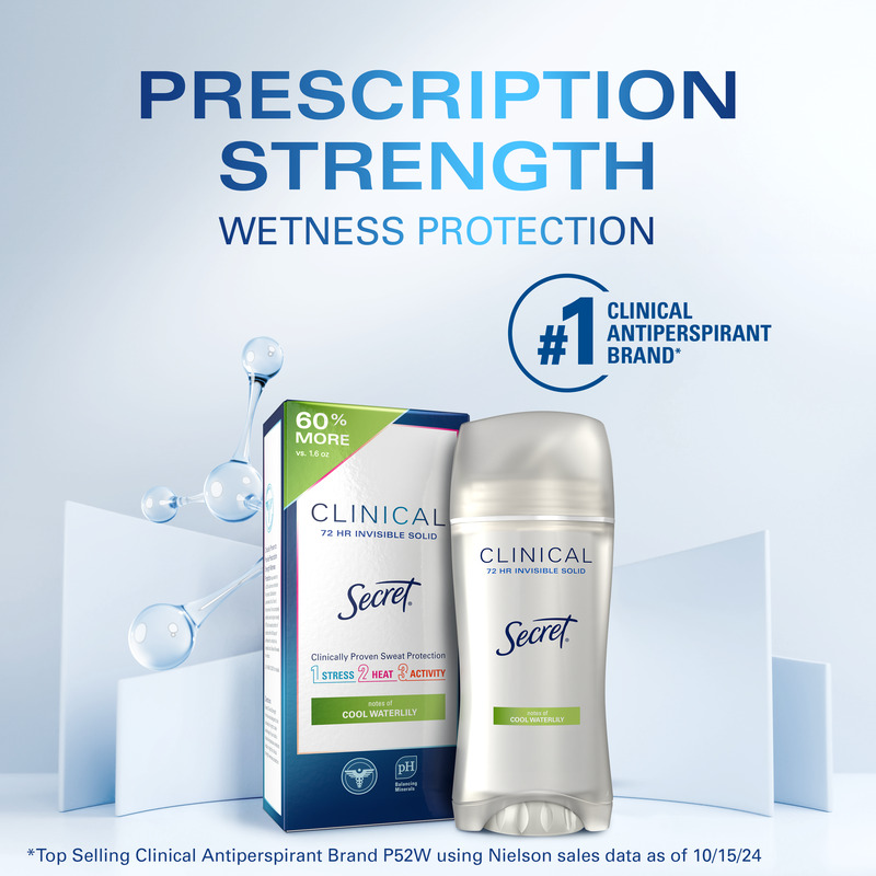 Secret Prescription strength antiperspirant, offering 72 hour wetness protection in a sleek design with a cool water scent