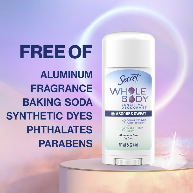 Whole body dry solid by Secret on a pastel design, highlighting its free of aluminum, baking soda, synthetic dyes, phthalates, and parabens formula