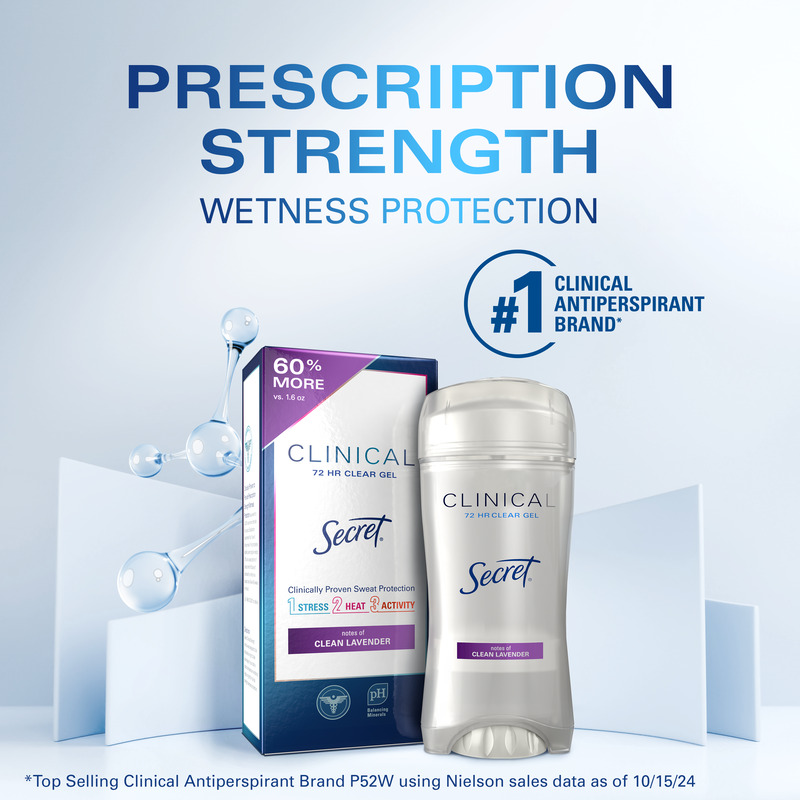 Clinical strength Secret antiperspirant with 72 hour protection in clean lavender scent, promoting sweat control and freshness all day