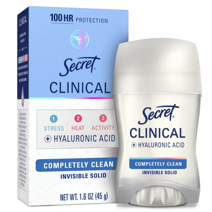 Secret Clinical completely clean deodorant with hyaluronic acid offers 100-hour protection against stress, heat, and activity in an invisible solid format