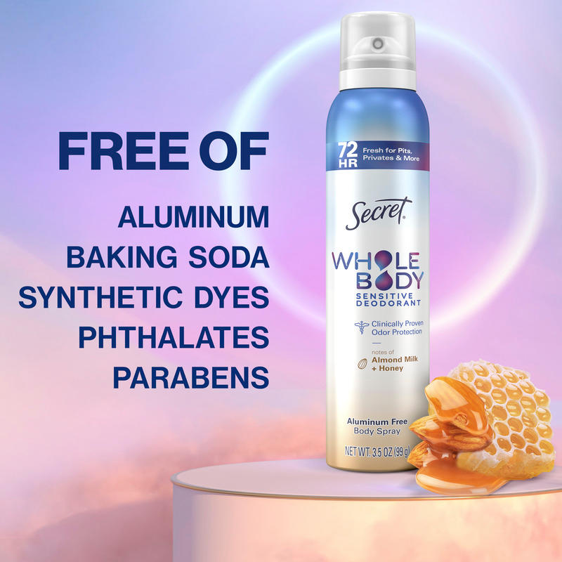 Secret Whole Body Sensitive Deodorant highlighted its free of aluminum, baking soda, synthetic dyes, phthalates, and parabens formula