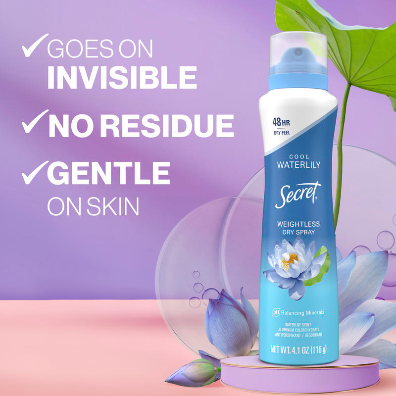 Weightless dry spray deodorant by Secret featuring cool waterlily scent, designed for gentle use, no residue, and invisible application for 48 hours