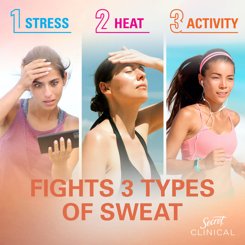 Three women experiencing stress, heat, and activity, showcasing Secret Clinical's effectiveness against sweating